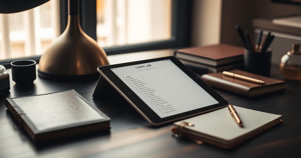 Advisor's desk with a tablet showing an organized client list