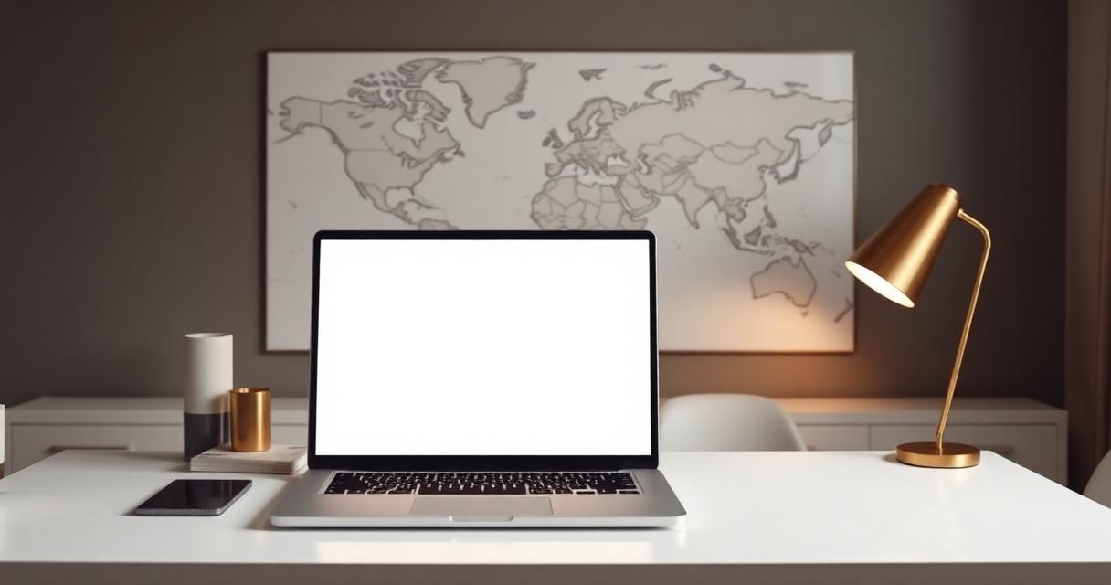 Minimalist desk with laptop and world map on wall