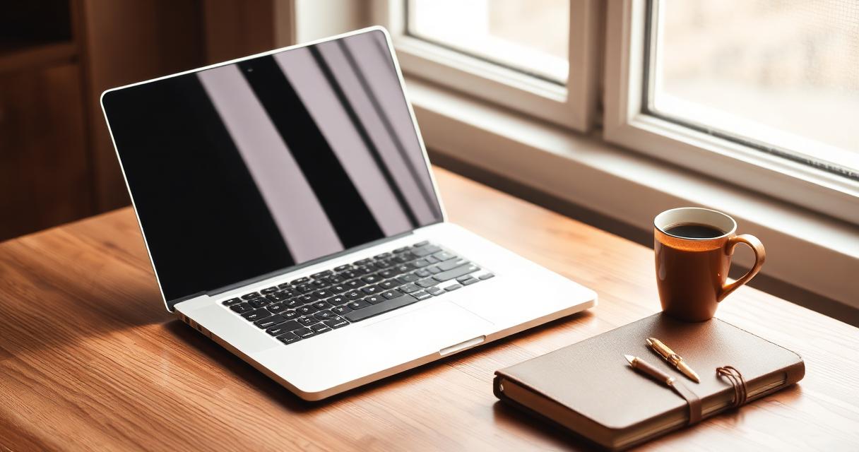 Open laptop on wooden desk with espresso and notebook