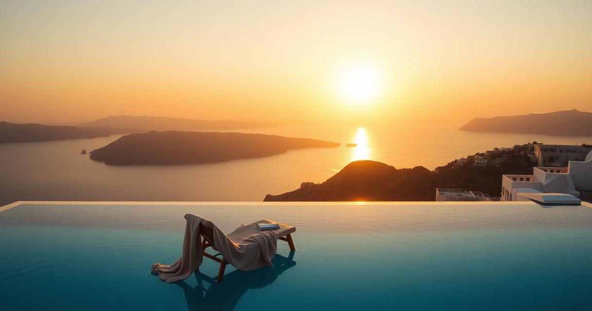 Infinity pool overlooking Santorini caldera at golden hour