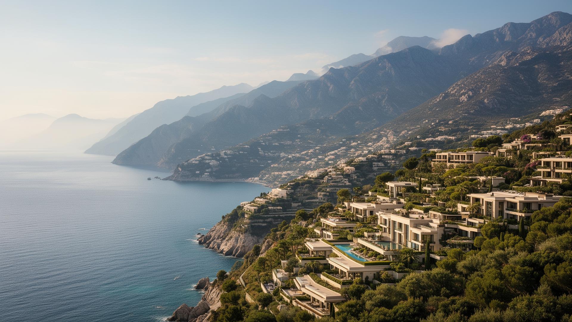 Luxury coastline with layered sea views and cliffside villas