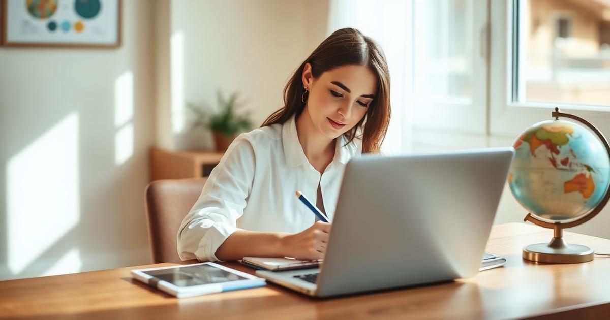 A new travel advisor working at a sunlit desk with a laptop and notebook