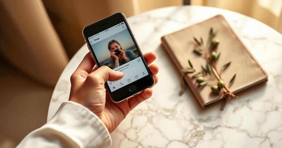 A phone showing a travel advisor's social profile on a marble table