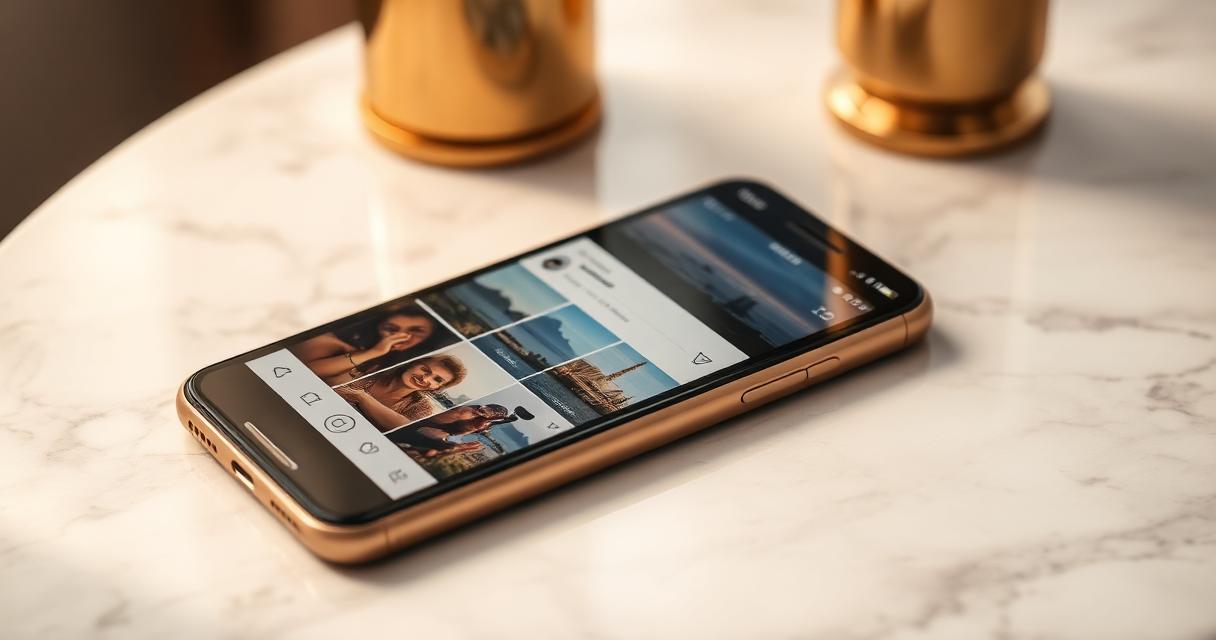 Smartphone on marble desk showing an Instagram travel feed