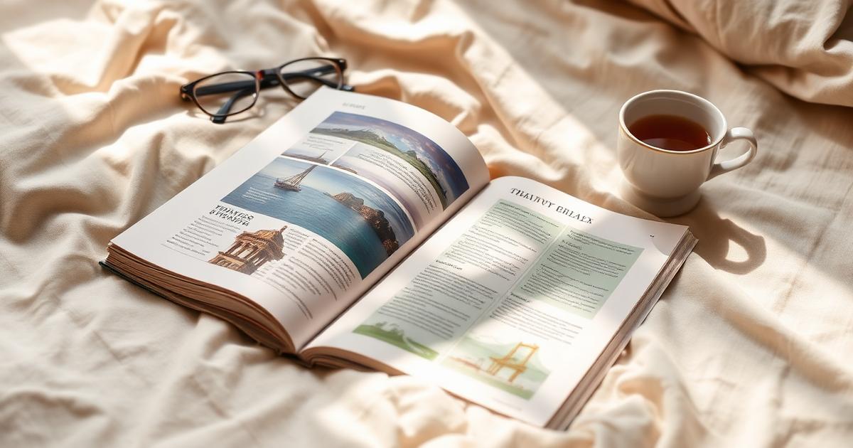 A printed travel guide open on a linen bedspread beside a cup of tea