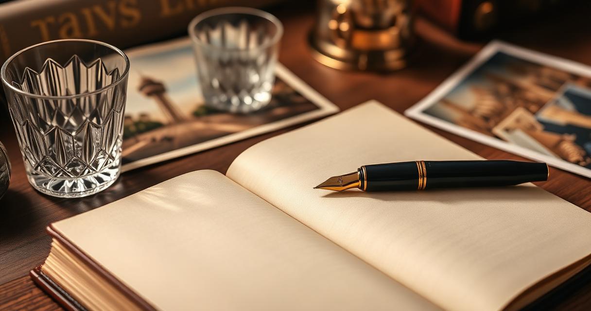 Fine fountain pen on an open leather journal beside a crystal tumbler and vintage travel photo