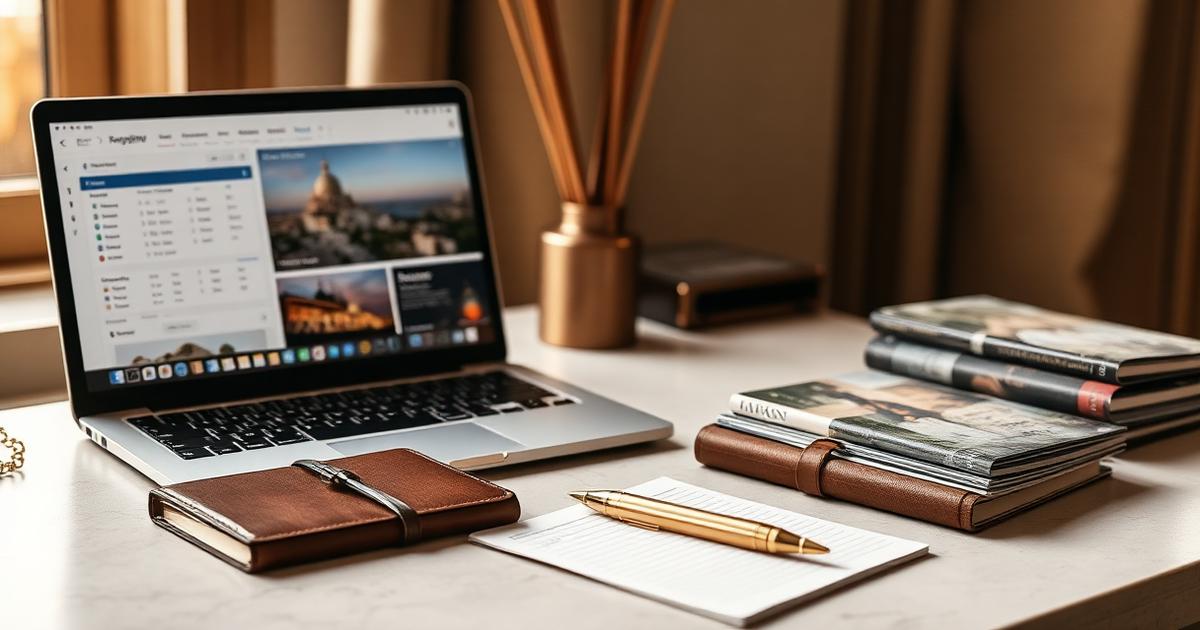 A travel advisor's desk with a laptop showing a marketing dashboard