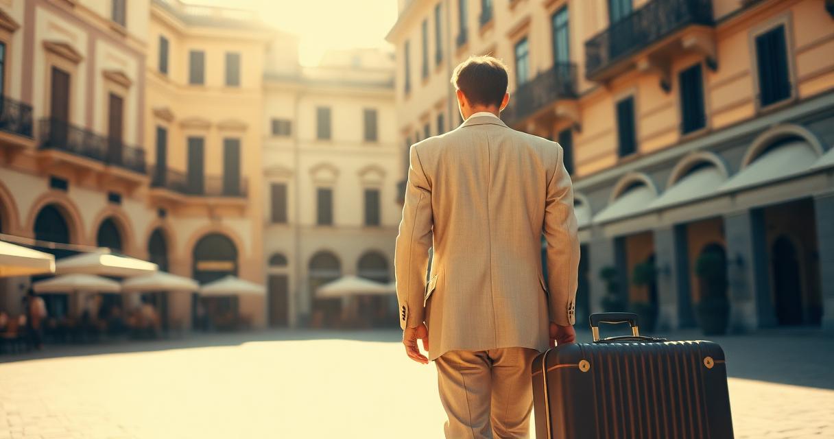 Traveler in linen suit walking through sunlit European piazza with suitcase