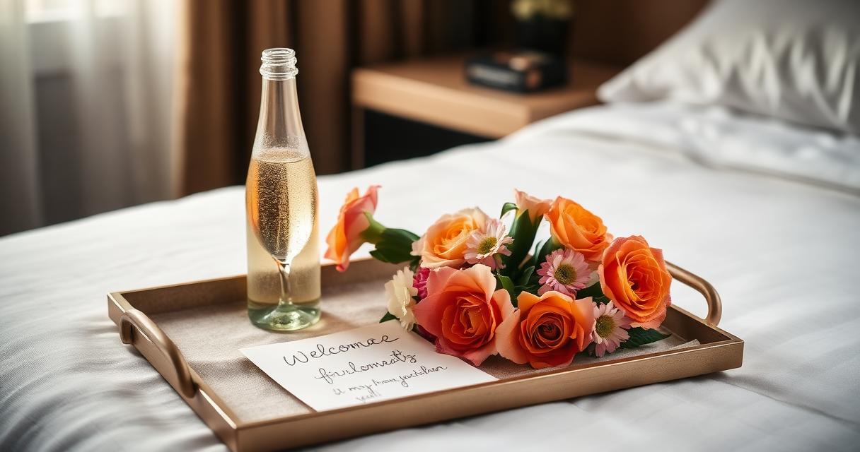 Luxury hotel welcome tray with champagne, handwritten note, and fresh flowers on a bed