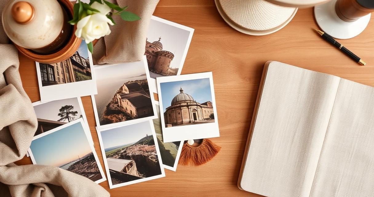Editorial flat-lay of travel photographs and a linen notebook on a wooden desk