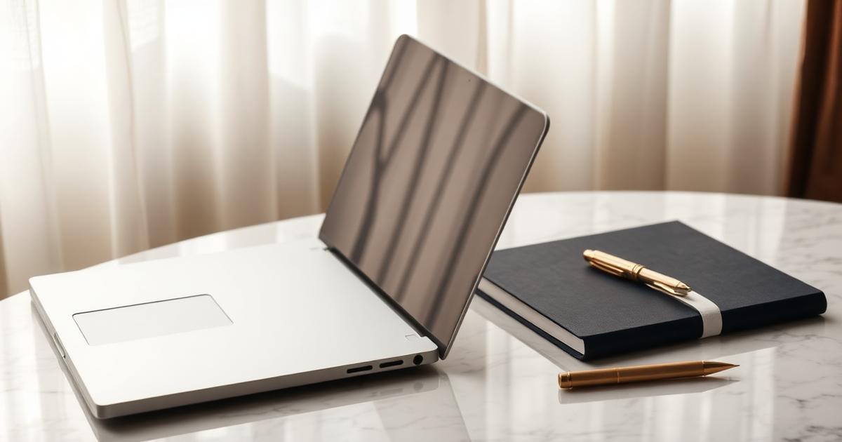 Closed laptop and notebook on a marble table in soft daylight