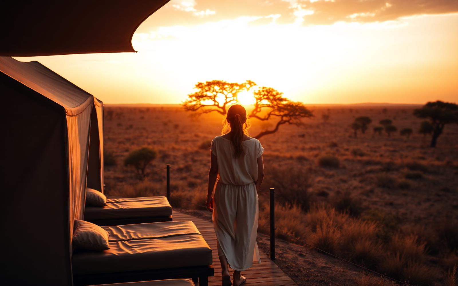 Luxury safari camp at golden hour overlooking the savanna