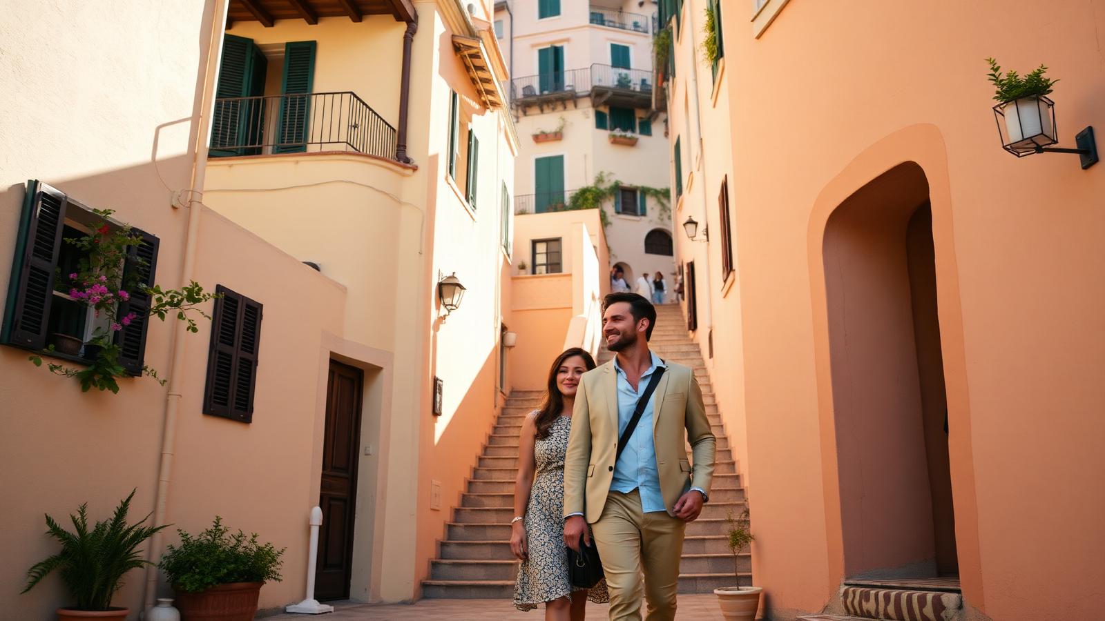 Stylish couple exploring a sunlit Italian coastal village