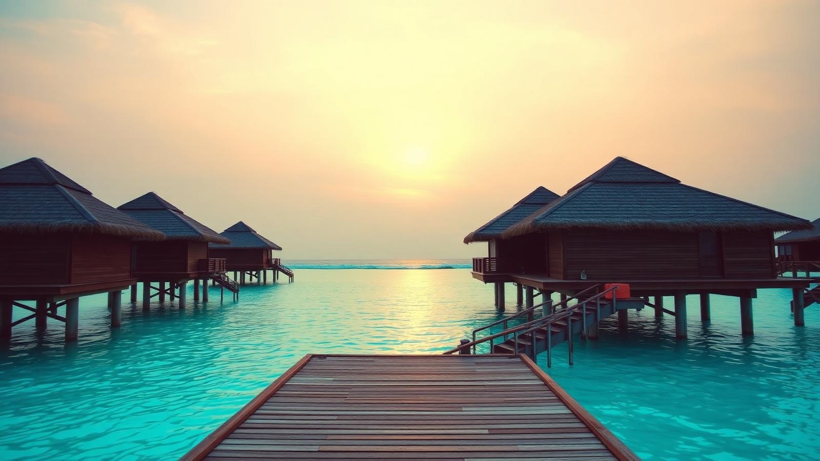 Overwater luxury villas in the Maldives at sunrise