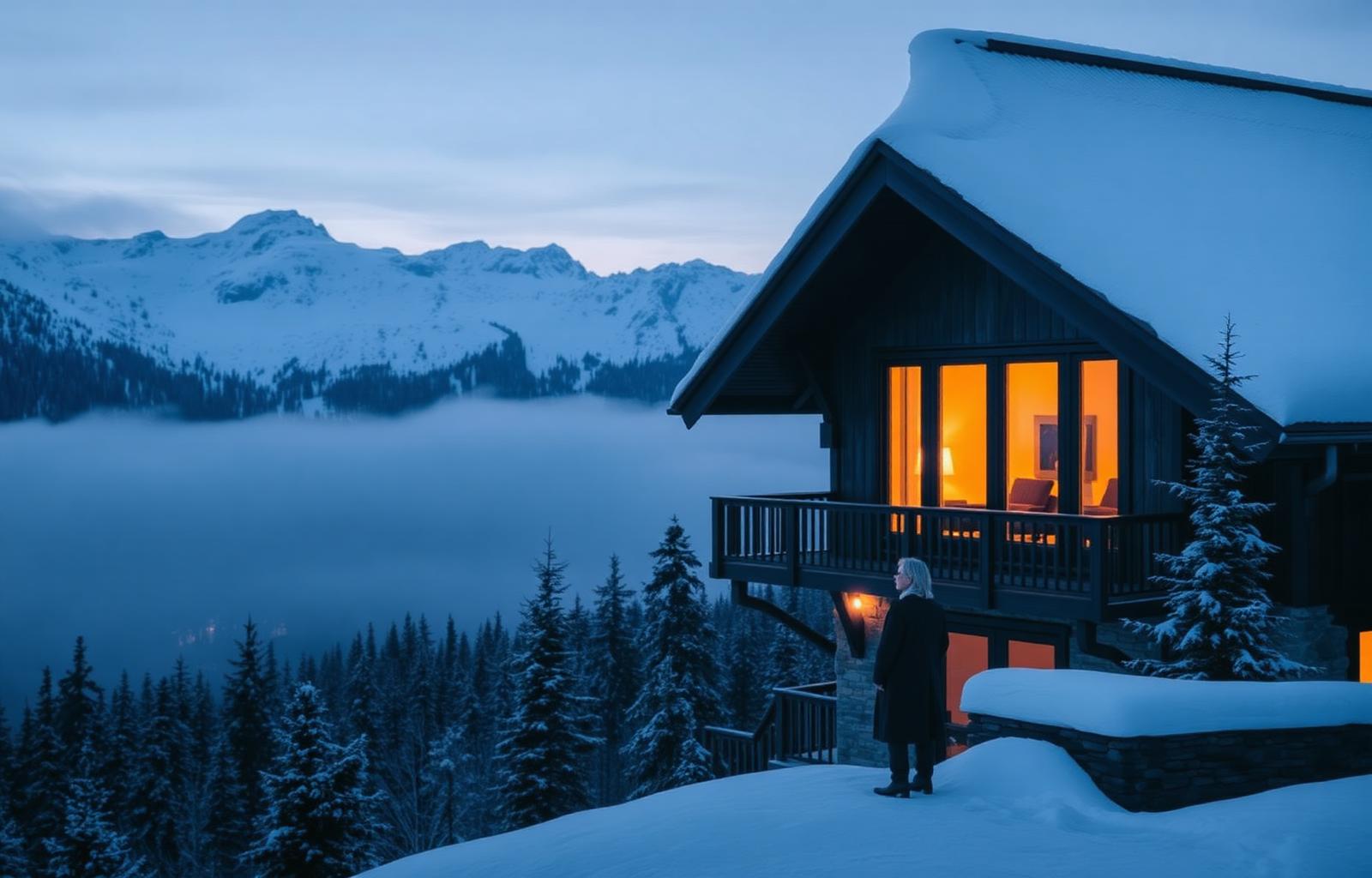 Alpine chalet at dusk above the clouds