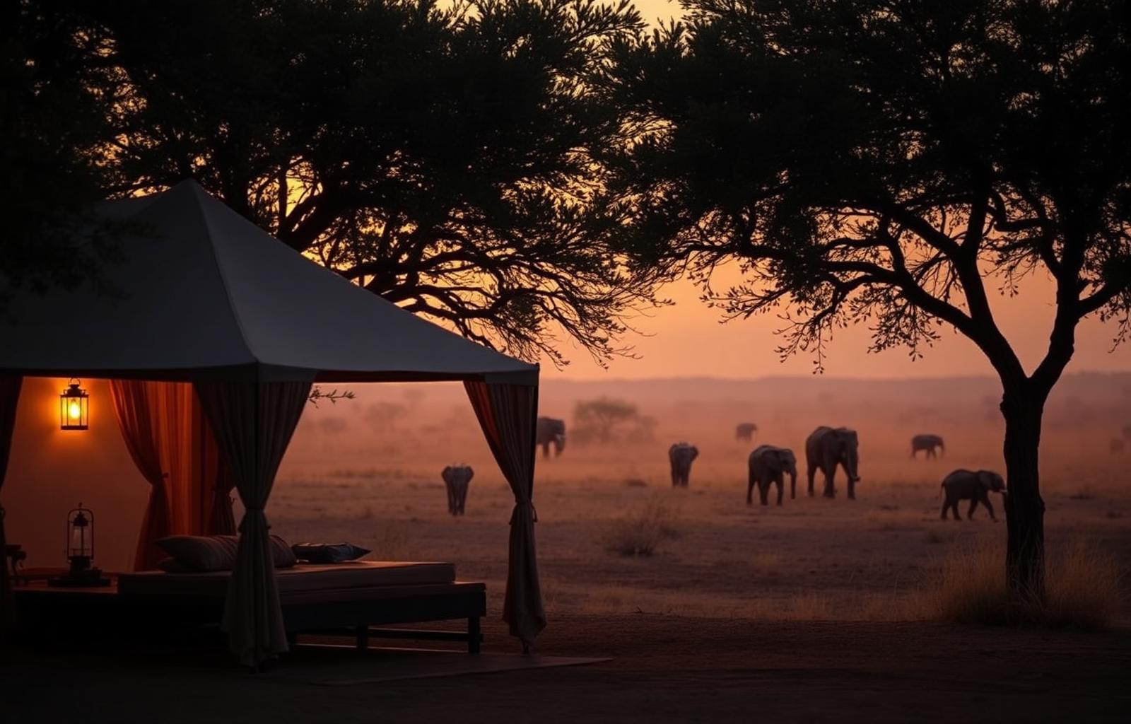 Luxury safari camp at golden hour