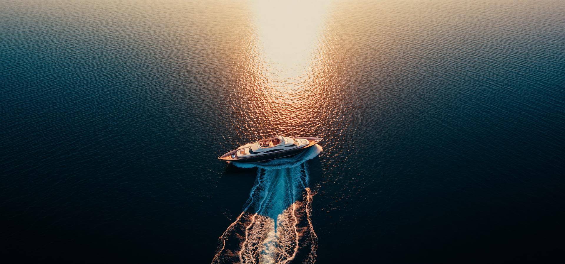 Yacht cutting through open water at sunset