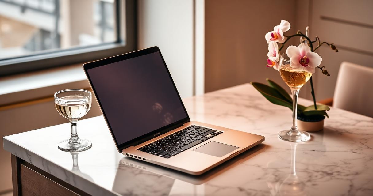 Elegant open laptop on a marble counter with an orchid and champagne coupe