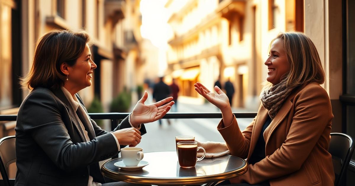 Two women talking warmly across a cafe table in golden afternoon light